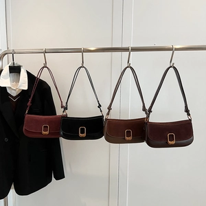 Minimalist faux suede shoulder bag in four colors with vintage square metal buckle
