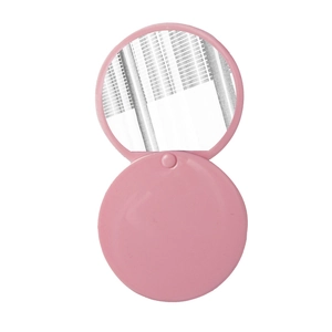 Portable pink circular folding makeup mirror with sliding cover on a white background
