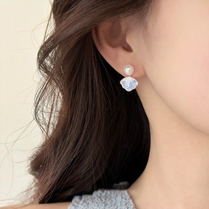 Shell Fan Shaped Stud Earrings With Faux Artificial Pearl And Zircon Inlay Fashion Jewelry For Women With Silver Earring Post