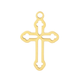 Detailed view of a golden hollow cross pendant with an intricate decorative cut-out design