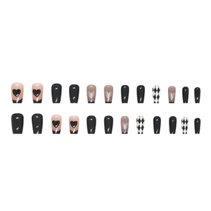 Cat eye checkered heart press-on nails in black and white diamond pattern set