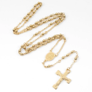 4mm gold stainless steel rosary necklace with crucifix and oval religious medal