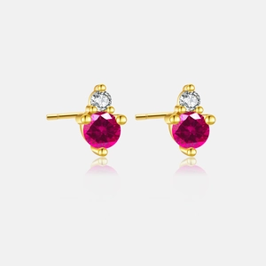Detailed view of S925 silver 3mm red birthstone stud earrings with 18k gold plating