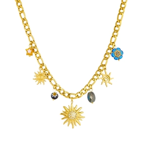 Vintage gold-plated sun pendant necklace set with colorful acrylic and rhinestone charms