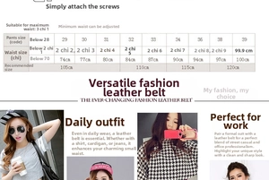 Size chart for women's leather belt showing waist measurements and recommended lengths