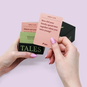 Tales Life Story Interview Kit with 50 green and pink memory prompt cards in a box