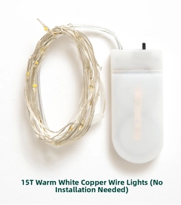 Close-up of 15T warm white LED copper wire fairy lights with a compact battery box