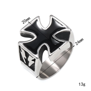 Retro stainless steel iron cross ring with black drip oil finish and silver metal texture