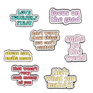 Set of 7 colorful alloy enamel pins with inspirational quotes and positive typography