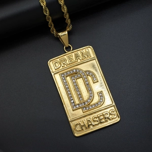 Dream Chasers Dog Tag Pendant Necklace Stainless Steel Rhinestone Iced Out Hip Hop Punk Streetwear Jewelry