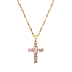 Titanium steel necklace with gold-plated cross pendant featuring pink cubic zirconia
