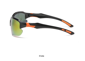 Side view of outdoor sports sunglasses with orange-black frame and rainbow mirrored lenses