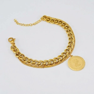 Double Layer Stainless Steel Bracelet With Round Coin Charm Vintage Hip Hop Gold Plated Cuban Chain Jewelry