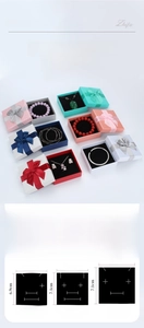 Detailed size specifications of colorful jewelry gift boxes with ribbon bow and foam insert