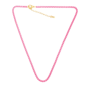 Detailed view of pink chain necklace featuring gold lobster clasp and extension link