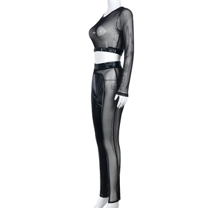 Detail of black mesh patchwork set featuring sheer fabric and glossy leather textures