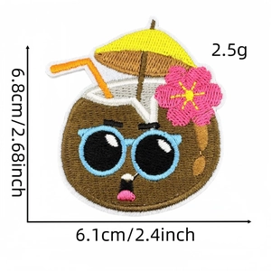 Embroidered cartoon coconut patch with sunglasses and umbrella on white background
