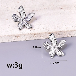 Minimalist silver petal earrings in brushed stainless steel with detailed dimensions