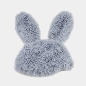 Detailed view of plush light grey rabbit ear winter hat with soft faux fur texture