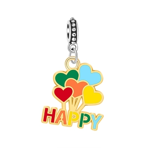 Detailed view of gold and silver pendant with colorful heart balloons and Happy text charm