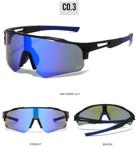 Three-angle view of sports cycling sunglasses with blue mirrored lenses and C0.3 frame