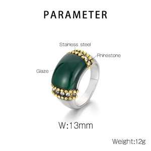 Detail showing stainless steel ring dimensions with green glaze and rhinestone specs