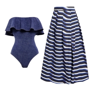 Women's off-shoulder denim ruffled top with high-waisted striped pleated maxi skirt set