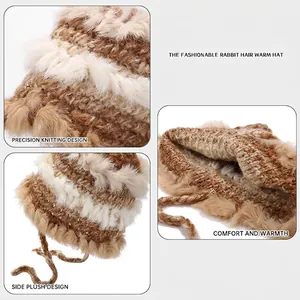 Striped rabbit fur knit hat with ear flaps and warm plush lining details