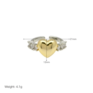 Detail view of gold heart ring showing dimensions 21mm by 12mm and 4.1g weight