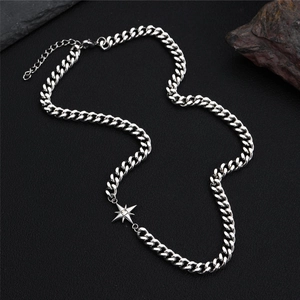 Silver stainless steel cuban chain necklace with octagonal star pendant and clear gemstone