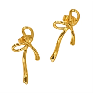 Polished 18K gold plated bow stud earrings for women in stainless steel