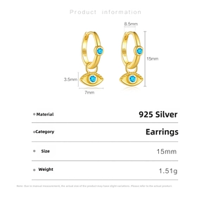 Detail view of S925 silver devil eye earrings in gold with dimensions and weight data