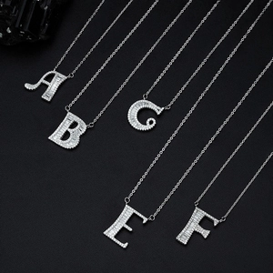 Fashionable silver zircon alphabet necklaces with A B C E F letter pendants