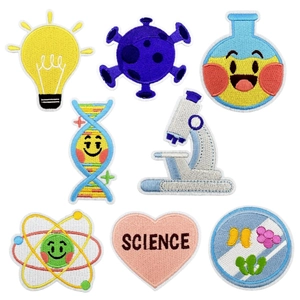 Science Embroidered Patches Iron On Sew On Appliques For Clothing Bags Cartoon Microscope DNA Atom Heart Flask Decor