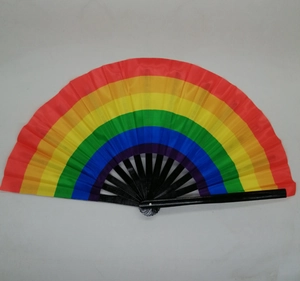 Close-up of a 33cm rainbow striped folding fan with black bamboo ribs and a velvet bag