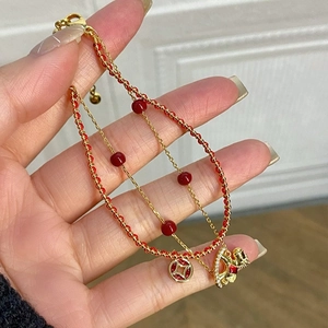 Double-layered 18k gold plated bracelet with red beads and Chinese zodiac charm