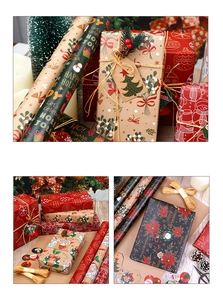 Dettaglio del set di carta da regalo natalizia in kraft marrone con stampe festive