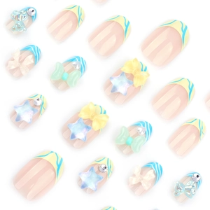 French blue and white striped press-on nails with 3D stars and colorful bows