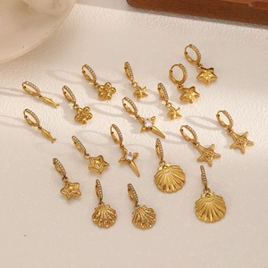 Chic gold-plated stainless steel earrings with zircon shell and starfish pendants