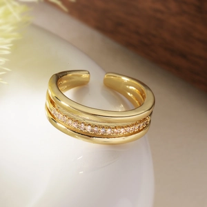 Three-layer gold-plated open ring with sparkling cubic zirconia micro-pave setting