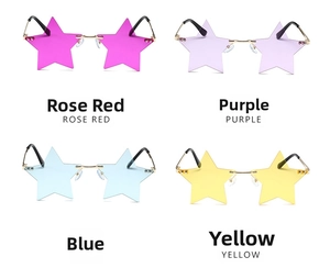 Macro detail of rimless star shaped party sunglasses in various vibrant neon colors