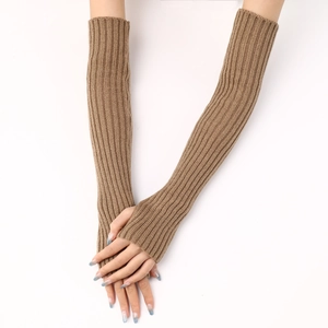 Detail of camel rib-knit long arm warmers featuring practical thumb hole design