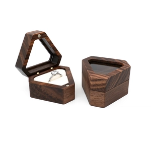 Pentagon walnut wood ring box with glass lid window and beige velvet lining for jewelry