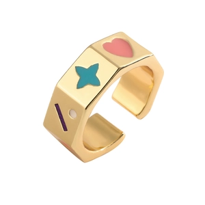 Adjustable gold plated open ring featuring colorful enamel heart and star patterns