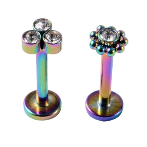Studs labret arc-en-ciel en acier avec motifs fleur et cristaux scintillants