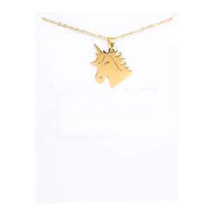 Detail of gold unicorn pendant with heart outline on Life is Magical message gift card