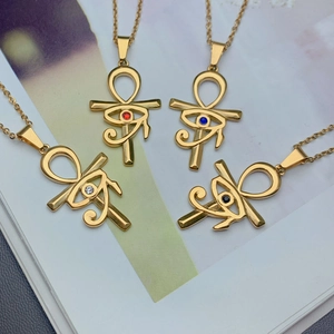 Hip Hop Stainless Steel Zirconia Eye Of Horus Ankh Cross Pendant Necklace Gold Plated O-Chain Evil Eye Women Jewelry