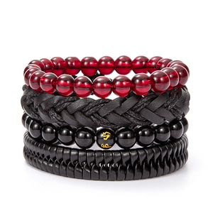 Set of four vintage multilayer leather and beaded bracelets in black and red tones