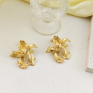 18k gold plated stainless steel floral earrings with textured matte petals for women