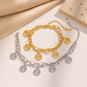 Double-layered stainless steel M letter charm bracelets in gold and silver finish